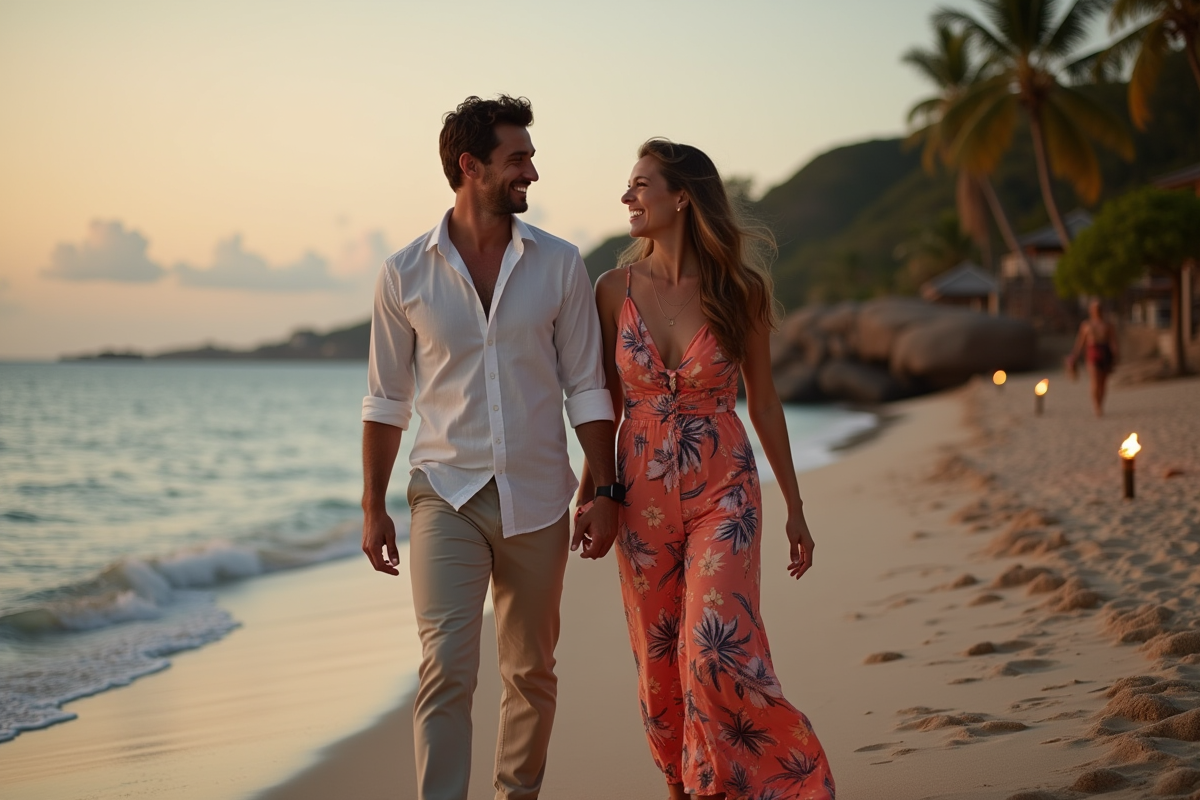 Couple en soirée hawaienne sur la plage au coucher du soleil