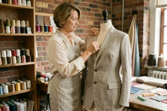 Couturière professionnelle épinglant une veste sur un mannequin de couture dans un atelier artisanal chaleureux