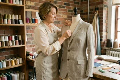 Couturière professionnelle épinglant une veste sur un mannequin de couture dans un atelier artisanal chaleureux