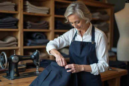 Couturière retouchant un pantalon en laine dans un atelier de couture urbain