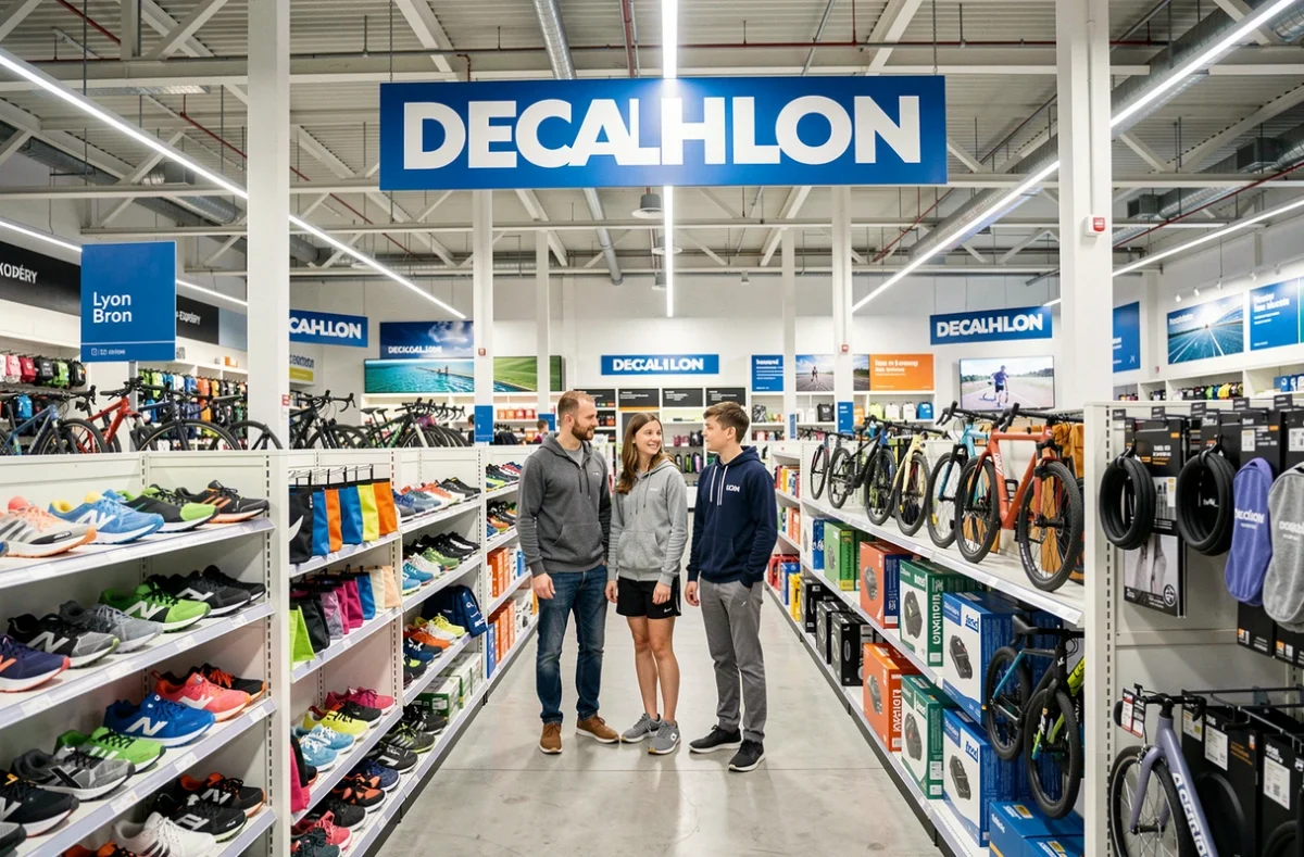 Famille faisant leurs achats dans le grand magasin Decathlon Lyon Bron Saint-Exupéry