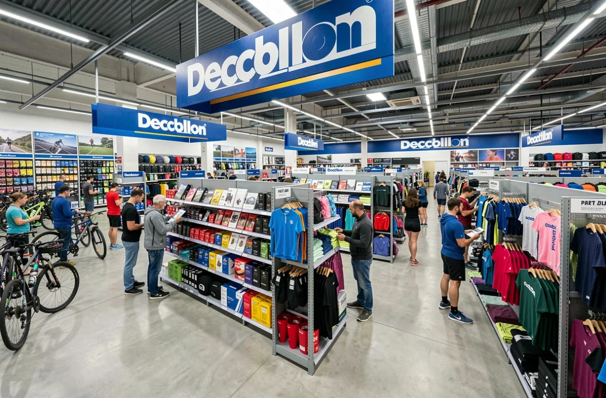 Intérieur du magasin Decathlon Lyon La Part-Dieu avec rayons de vêtements et équipements sportifs