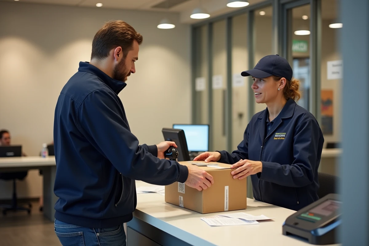 Homme déposant un colis de retour Vinted au bureau de poste et récupérant un reçu comme preuve d'envoi