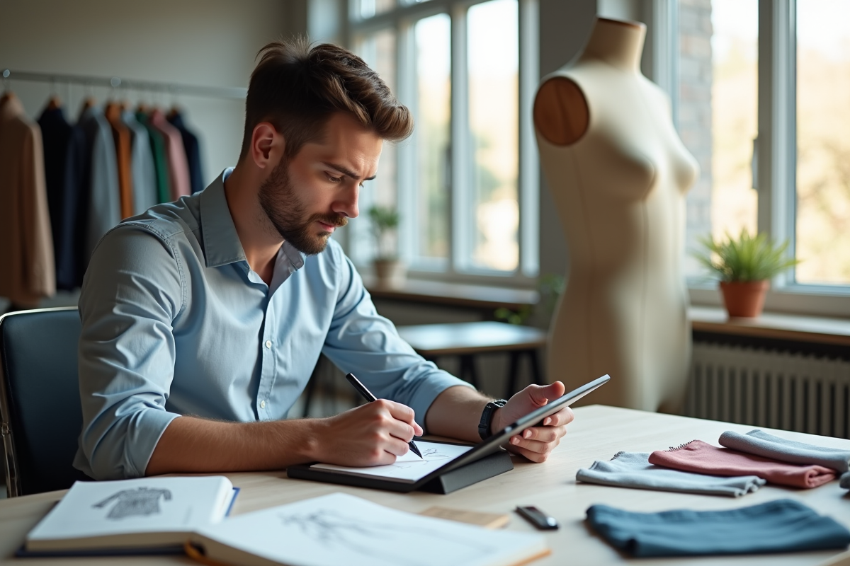 Un jeune designer esquissant des vêtements sur une tablette dans son bureau