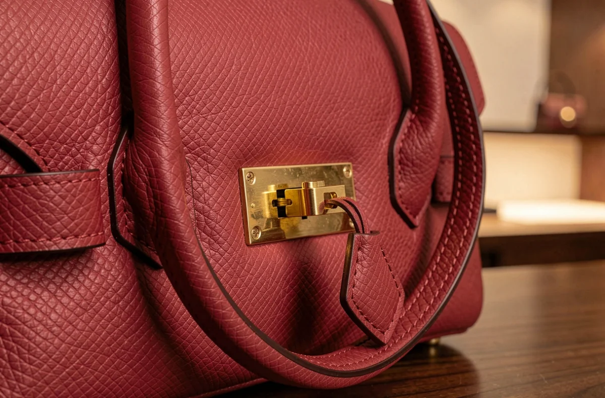Détail gros plan du fermoir et de la quincaillerie dorée d'un sac Hermès Birkin 30 en cuir clémence rouge de coeur