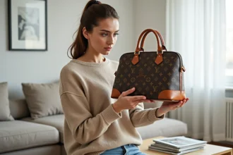 Femme inspectant attentivement un sac à main monogramme marron pour détecter une contrefaçon Louis Vuitton avant revente sur Vinted