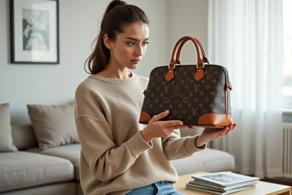 Femme inspectant attentivement un sac à main monogramme marron pour détecter une contrefaçon Louis Vuitton avant revente sur Vinted