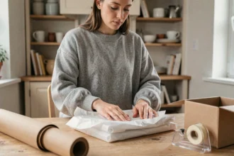 Femme emballant soigneusement un vêtement dans du papier de soie avant un envoi Vinted en point relais