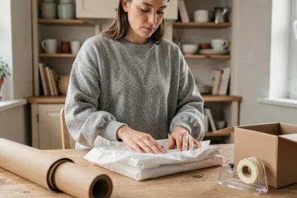 Femme emballant soigneusement un vêtement dans du papier de soie avant un envoi Vinted en point relais