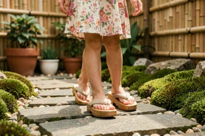 Jeune fille portant des sandales geta traditionnelles en bois dans un jardin japonais, vue en pied depuis un angle bas