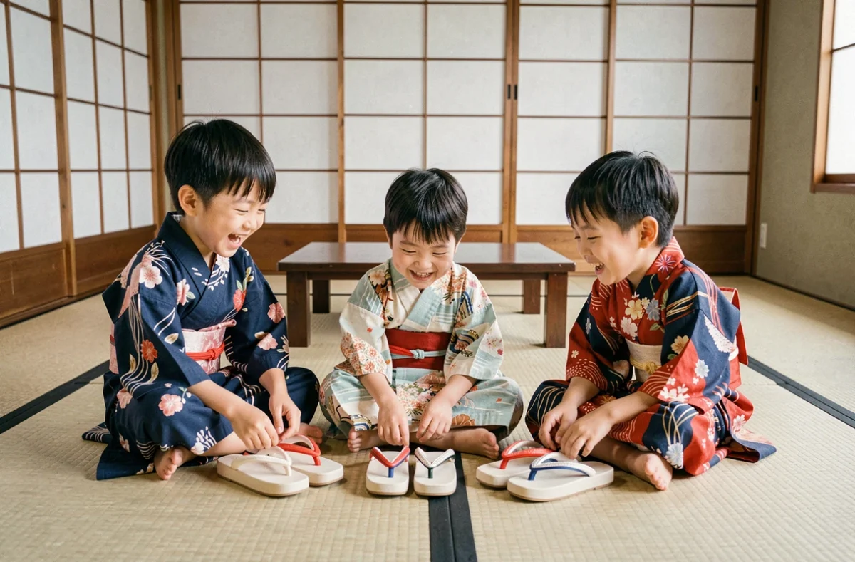 Trois enfants en yukata comparant leurs sandales geta sur un tatami, scène conviviale et naturelle en intérieur japonais