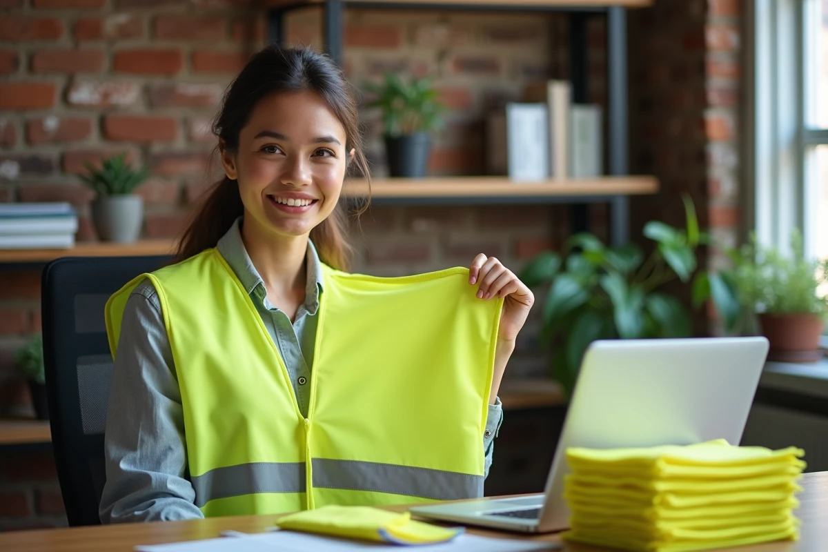Entrepreneuse inspectant des gilets jaunes personnalisés en petite série dans un espace de travail moderne