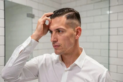 Homme aux cheveux courts soignés s'examinant dans un miroir de salle de bain pour entretenir sa coupe