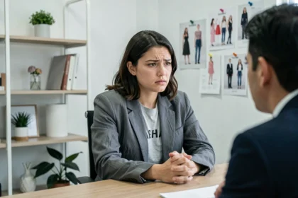 Jeune femme stressée lors d'un entretien d'embauche chez H&M, erreurs de posture et manque de confiance visibles