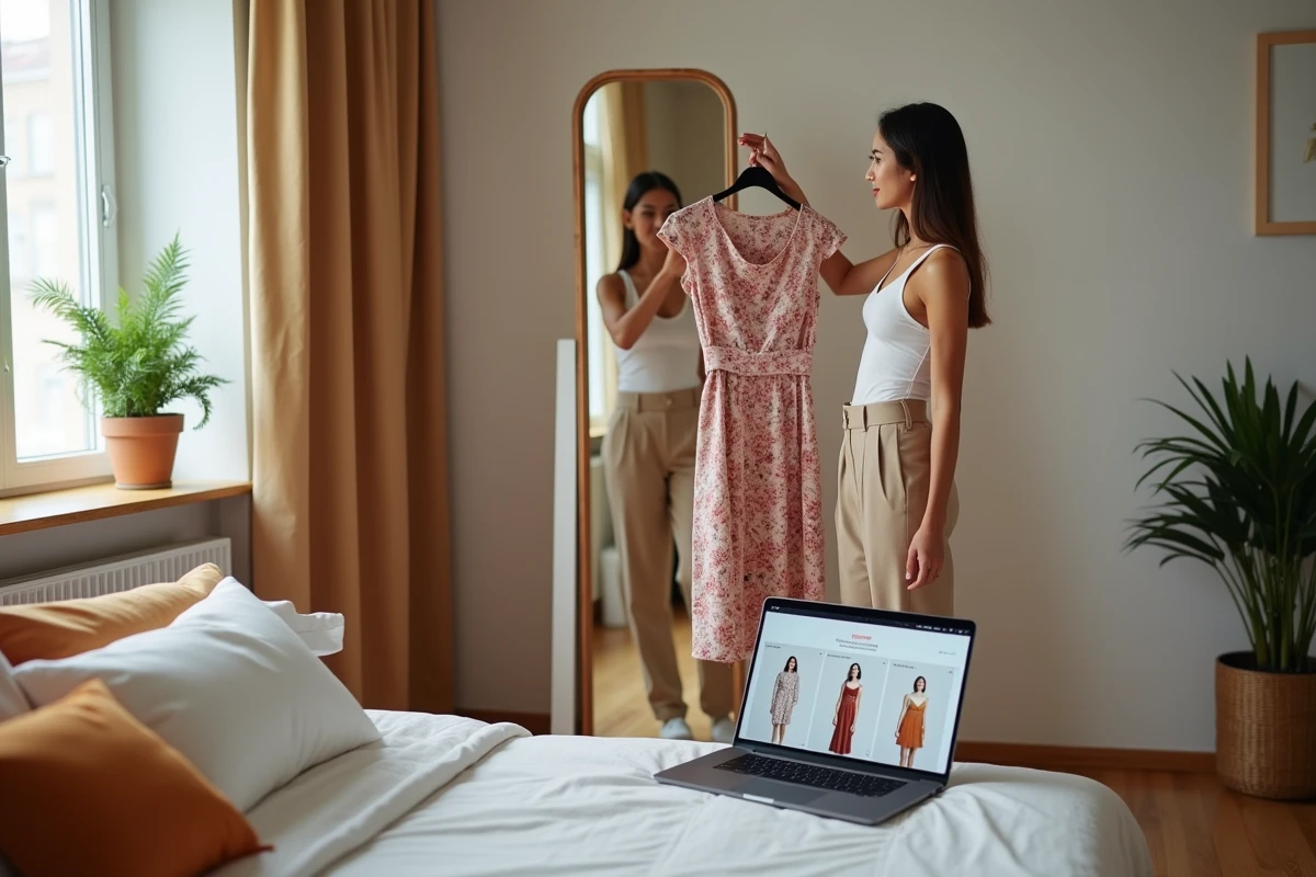Femme essayant virtuellement une robe fleurie commandée en ligne en la tenant devant un miroir tout en consultant les photos clients sur son ordinateur