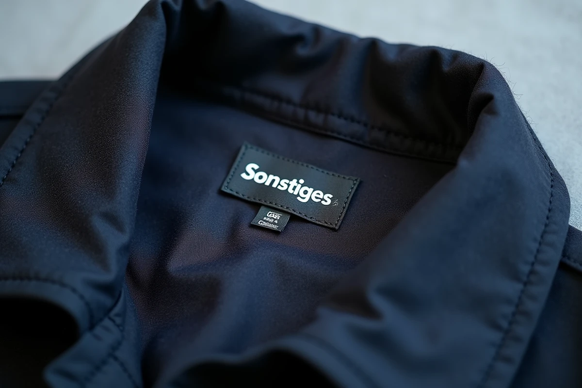 Gros plan sur l'étiquette de marque Sonstiges cousue à l'intérieur d'un manteau en laine