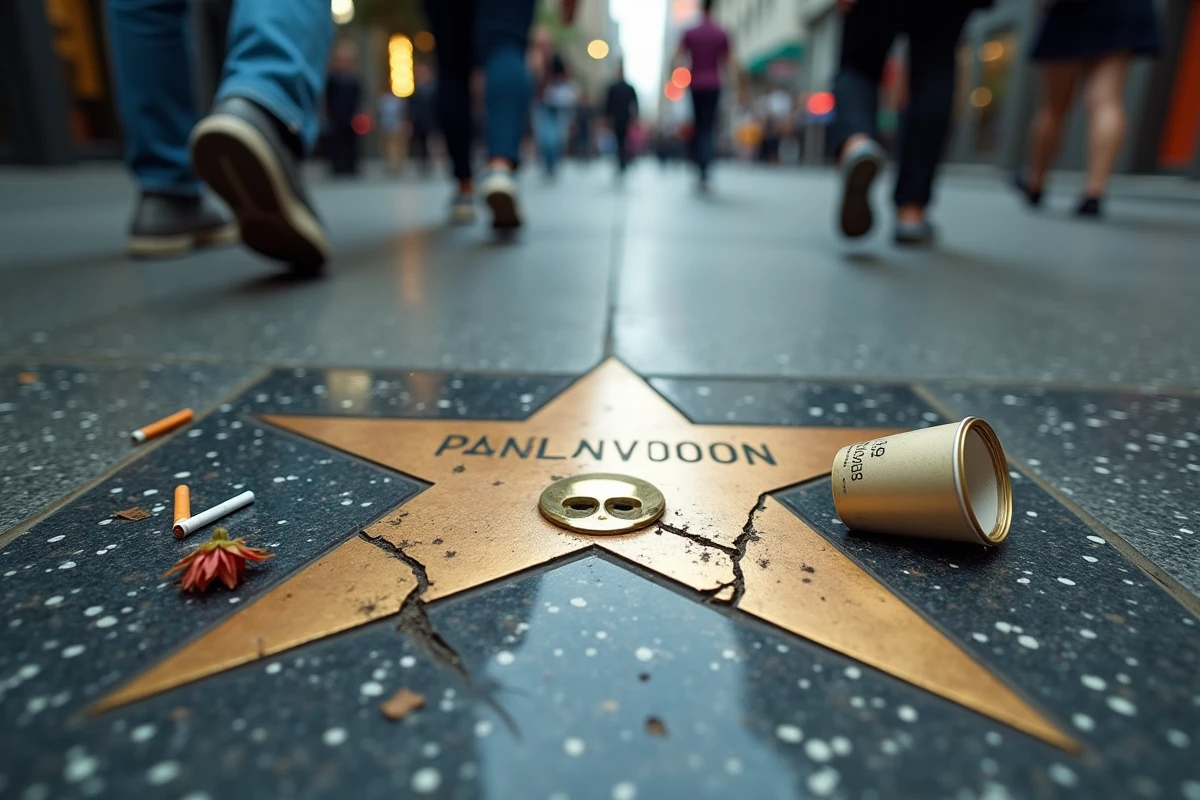 Étoile usée et fissurée du Walk of Fame d'Hollywood entourée de déchets, symbole de la gloire oubliée et du revers de la célébrité