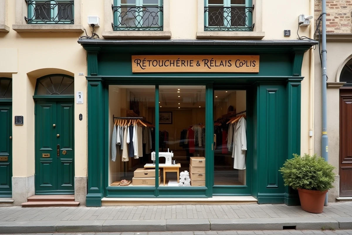 Façade d'une boutique de retoucherie et relais colis dans une rue commerçante de Sainte-Geneviève-des-Bois