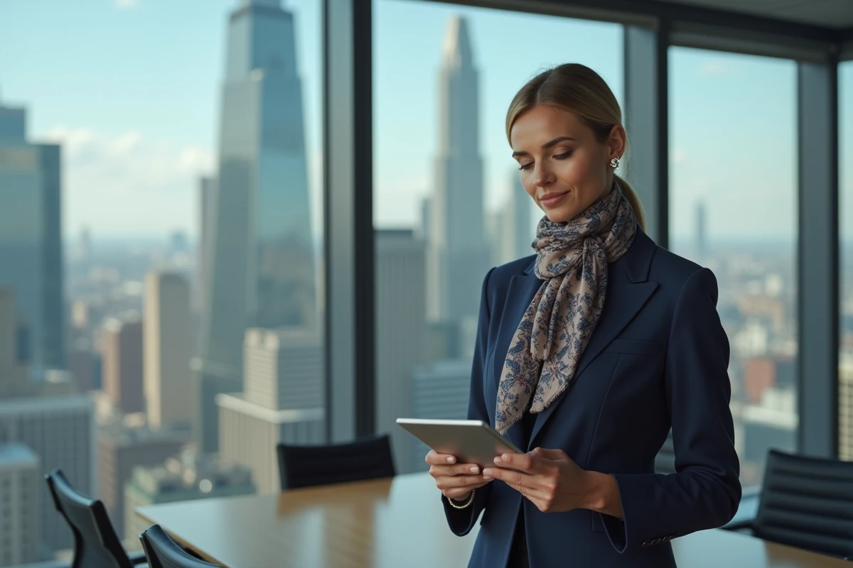Femme élégante en costume navy lors de Fashion Week