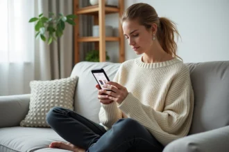 Femme consultant des avis clients et photos de robes sur une application de shopping en ligne depuis son canapé