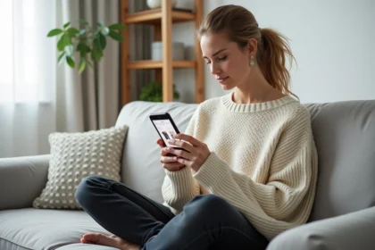 Femme consultant des avis clients et photos de robes sur une application de shopping en ligne depuis son canapé