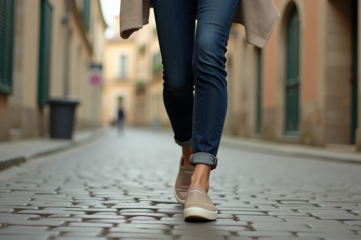 Jeune femme portant des baskets vegan taupe dans une rue pavée de Lyon, look décontracté et tendance mode durable