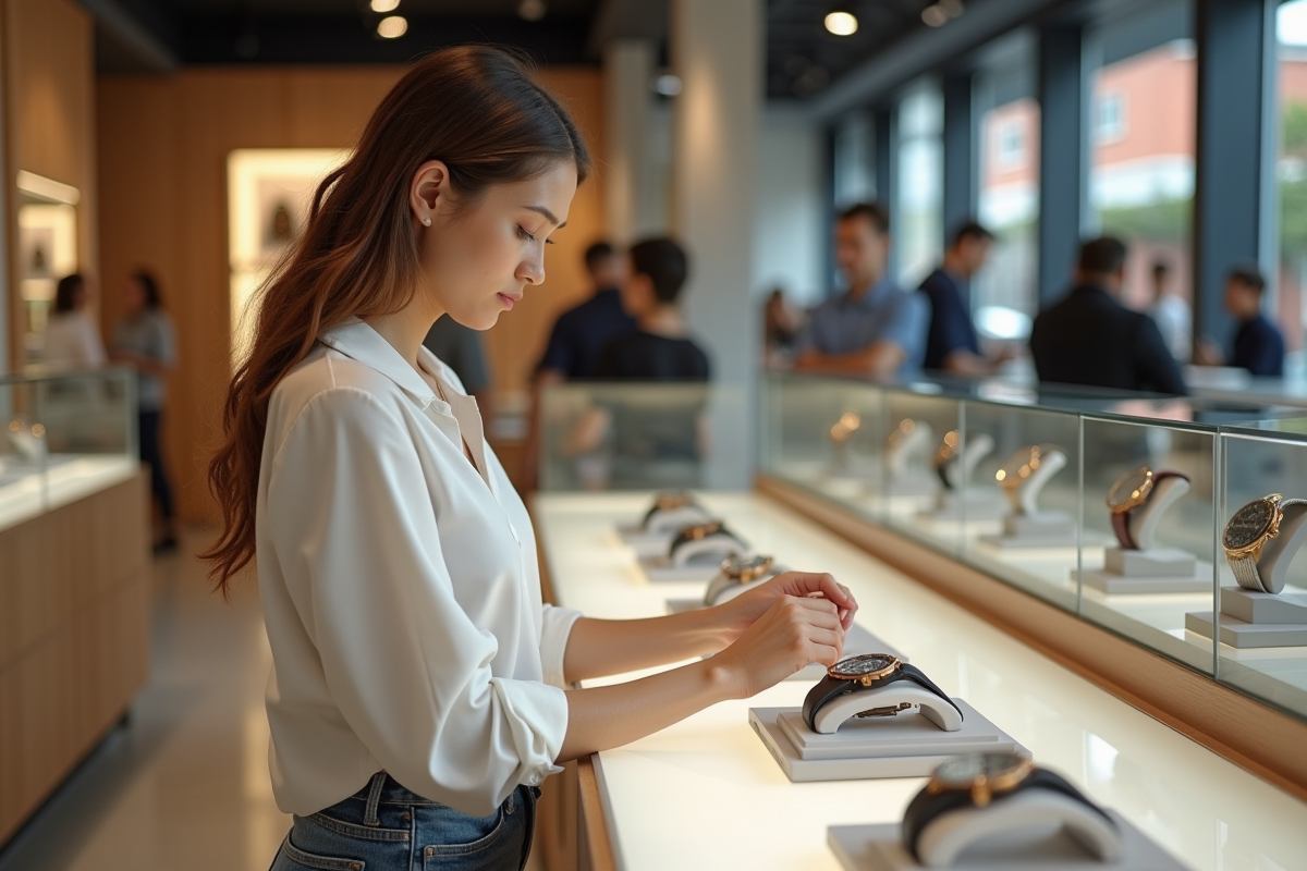 Femme essayant une montre dans une boutique moderne