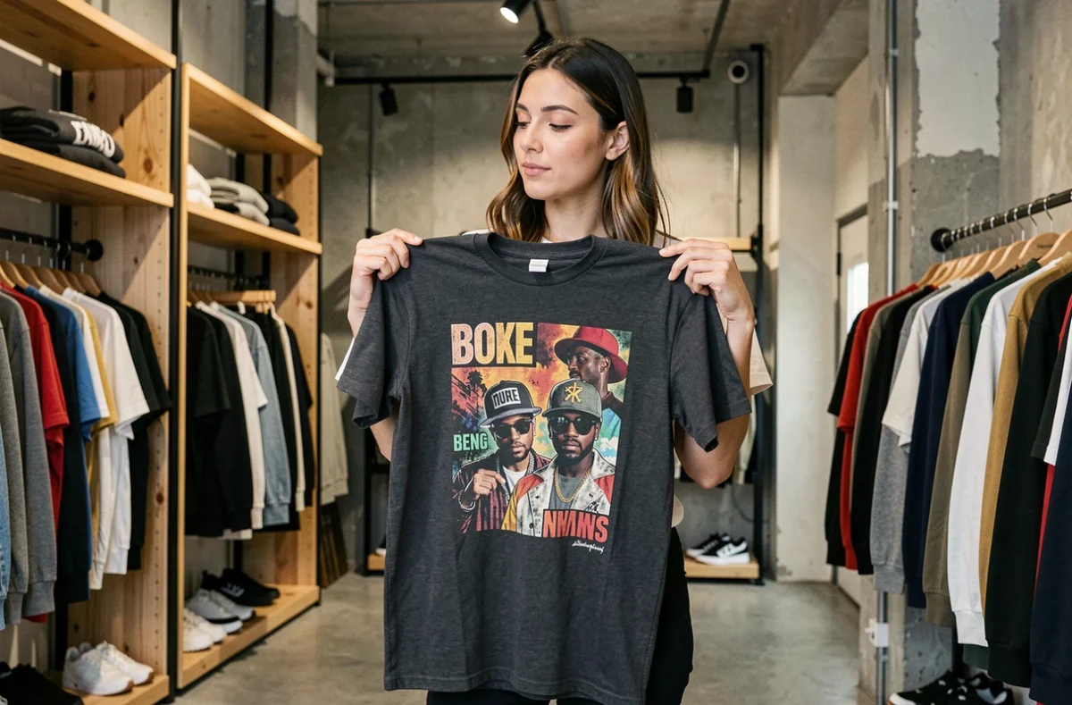 Femme tenant un t-shirt graphique style hip-hop dans une boutique de streetwear urbaine