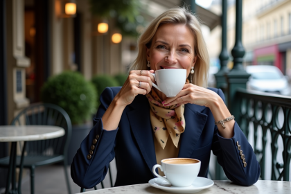 Femme élégante buvant un café dans un café parisien