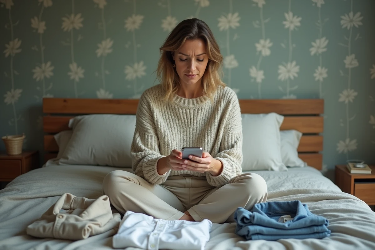 Femme entourée de vêtements de différentes tailles comparant un guide de conversion sur smartphone dans une chambre