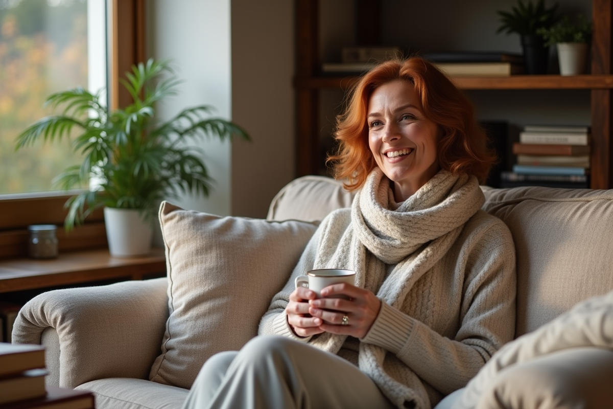 Femme assise avec mug dans un salon chaleureux hiver