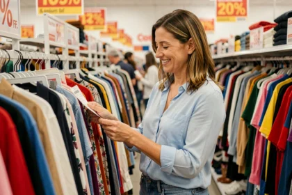 Femme comparant des étiquettes de prix dans un magasin de déstockage discount rempli de vêtements colorés en promotion
