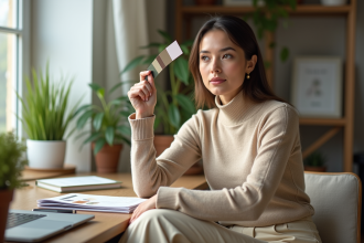 Femme élégante en pull beige et pantalon crème avec échantillons de couleur