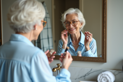 Femme élégante appliquant du fond de teint dans sa salle de bain