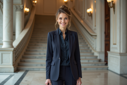 Femme élégante en tailleur navy dans un intérieur sophistiqué