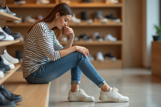 Femme en jeans essayant une sneaker dans un magasin de chaussures