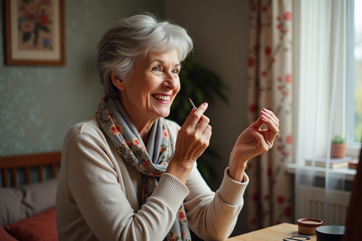 Femme souriante montrant sa technique de rouge à lèvres