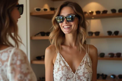 Femme souriante essayant des lunettes de soleil en boutique