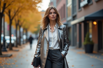 Femme élégante en trench argenté dans la ville automnale