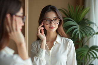 Jeune femme ajustant ses lunettes dans un miroir lumineux
