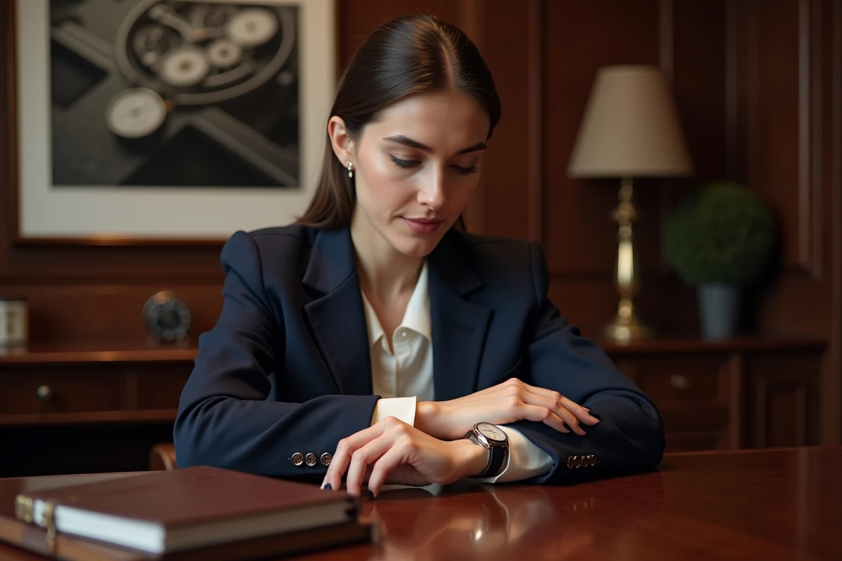 Femme professionnelle admirant une montre de luxe suisse dans un salon privé élégant