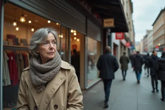 Femme en trench beige devant une boutique urbaine fermée