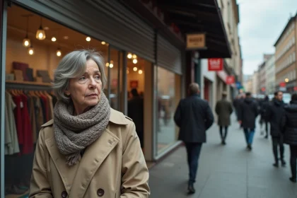 Femme en trench beige devant une boutique urbaine fermée