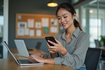 Jeune femme sur son smartphone dans un bureau moderne