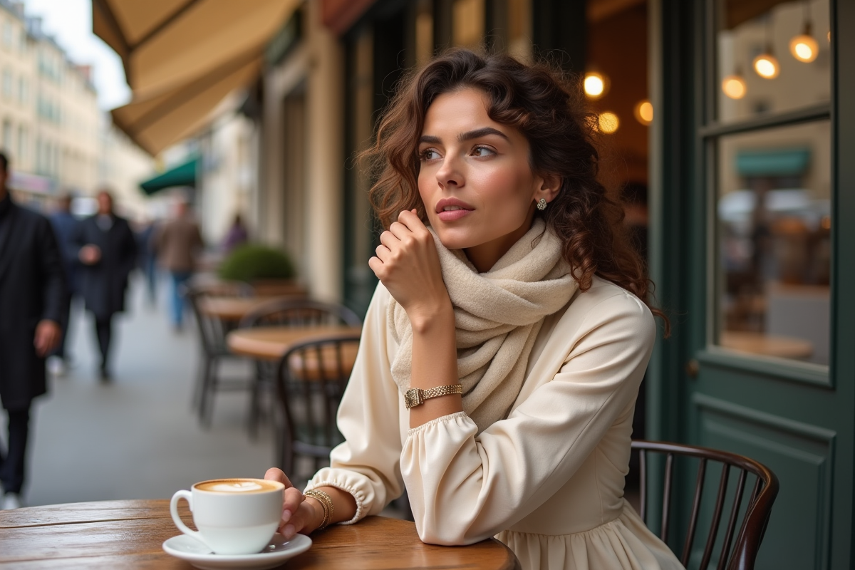 Femme assise dans un café parisien ajustant son foulard
