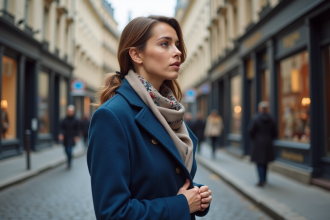 Femme en manteau bleu et foulard à Paris