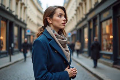 Femme en manteau bleu et foulard à Paris