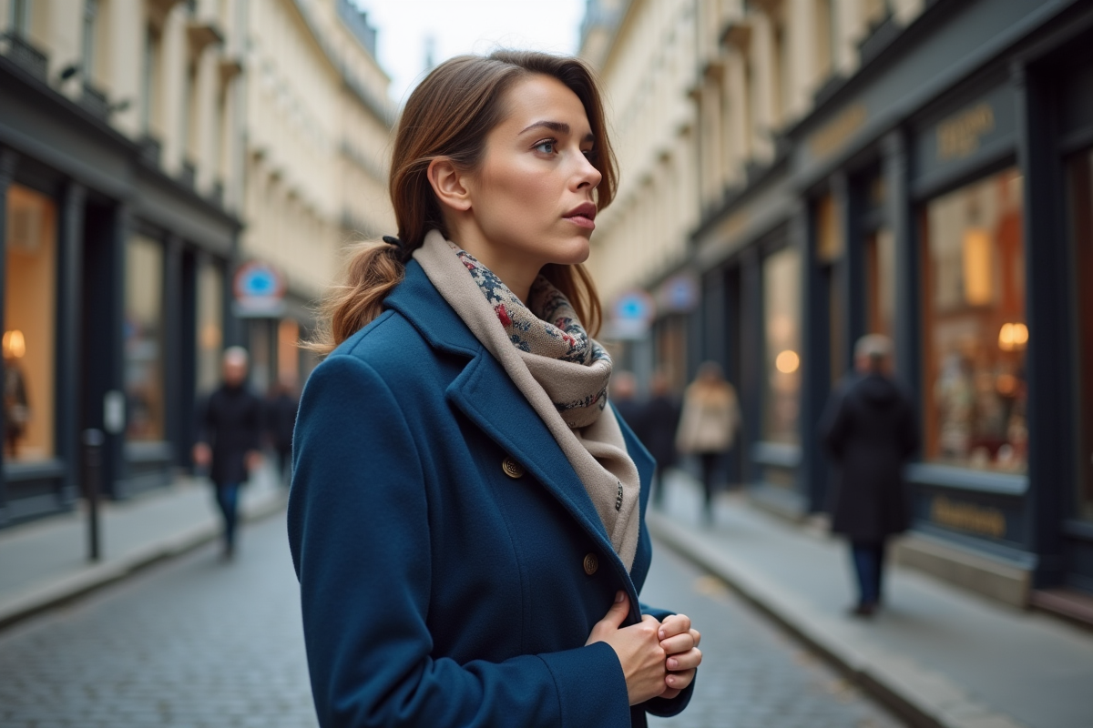 Femme en manteau bleu et foulard à Paris