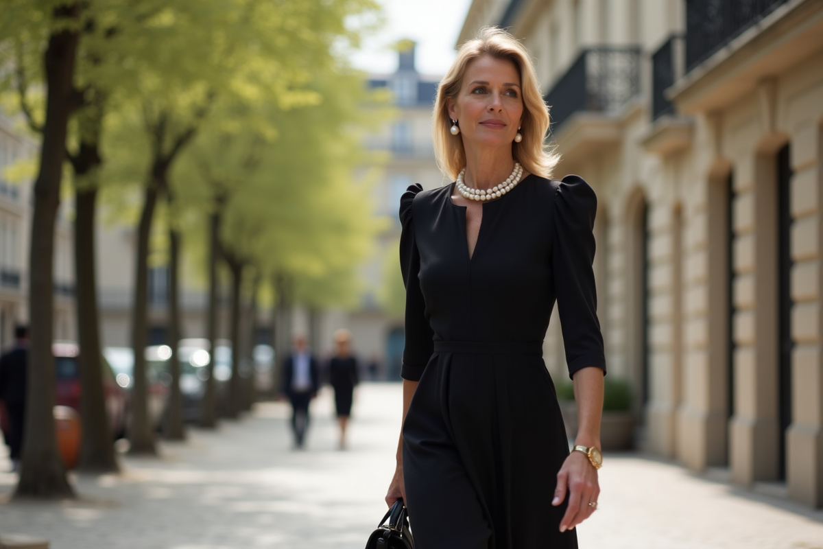 Femme sophistiquée marchant dans une rue parisienne