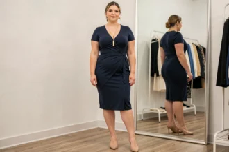 Femme petite et ronde en robe portefeuille marine avec talons nude et collier long doré pour paraître plus grande